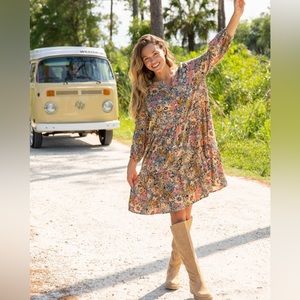 Anita Tunic Dress - Tan Orange Floral